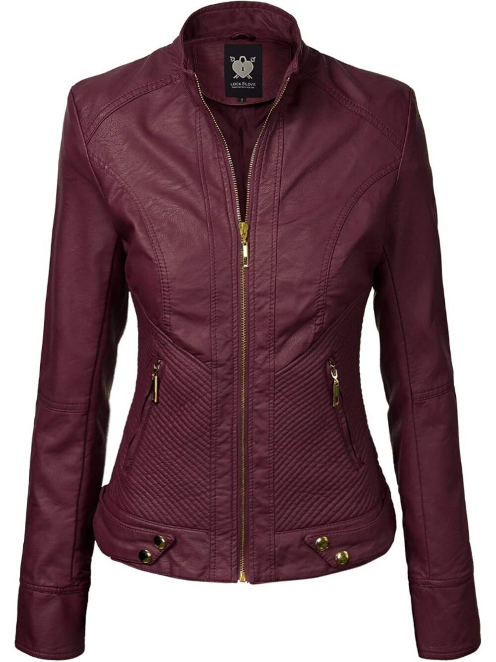 Women's Maroon Solid Faux Leather Slim Panelled Vegan Classic Moto Biker Jacket